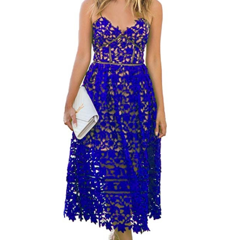 Spaghetti Strap Lace Knee Length Dress Royal Blue